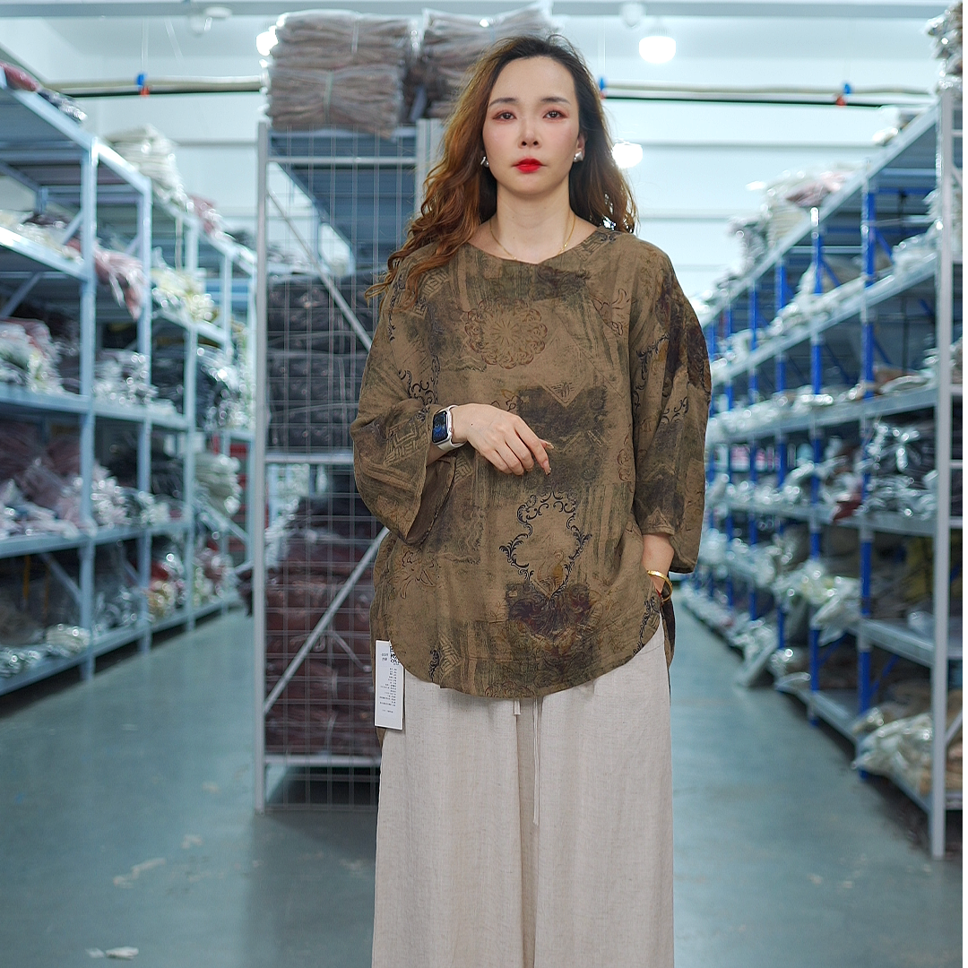 花璟与麻原创设计复古斜襟前短后长上衣（衣长70-80胸围130）