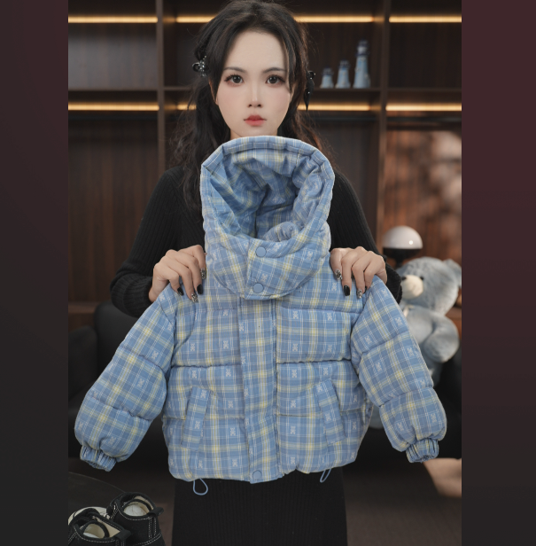 25年冬季新款男女童百搭休闲加厚连帽宽松韩版格子保暖羽绒服