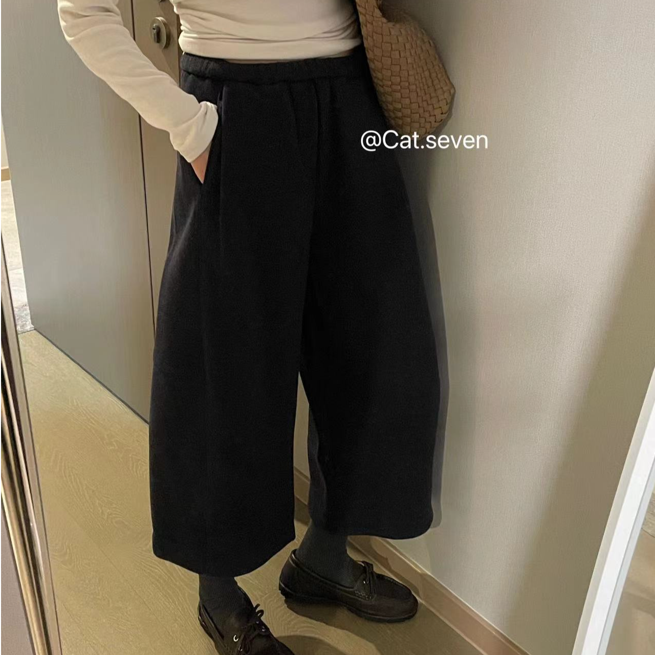 韩系松紧腰七分宽松阔腿休闲女高腰显瘦直筒裤2025秋冬新款98625