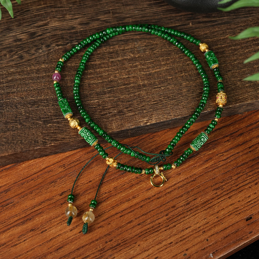 R*扎基翡翠雕刻算盘珠项链3+@ZMG14090746@