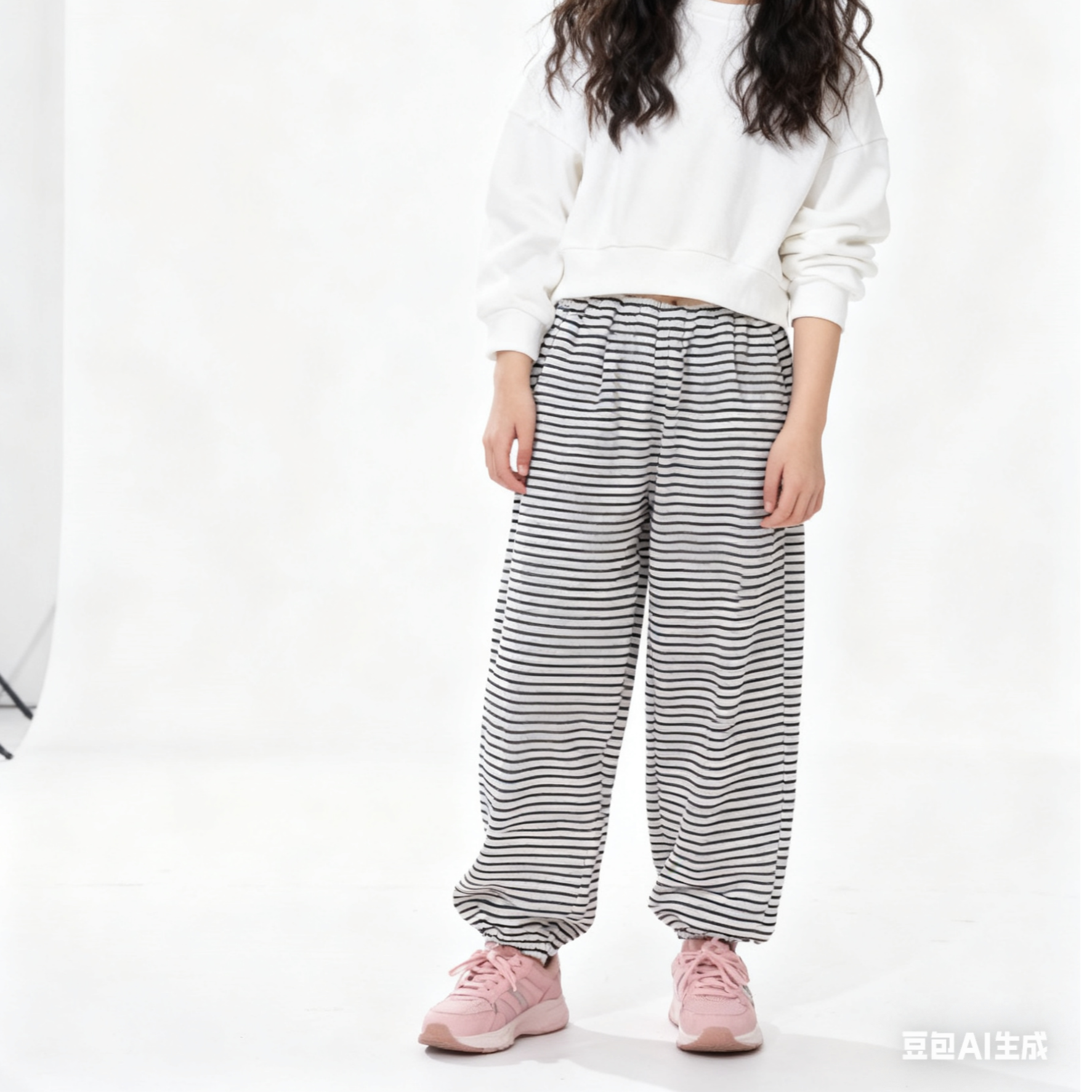 秋冬新款女中童条纹加绒针织束脚卫裤昂仔条纹