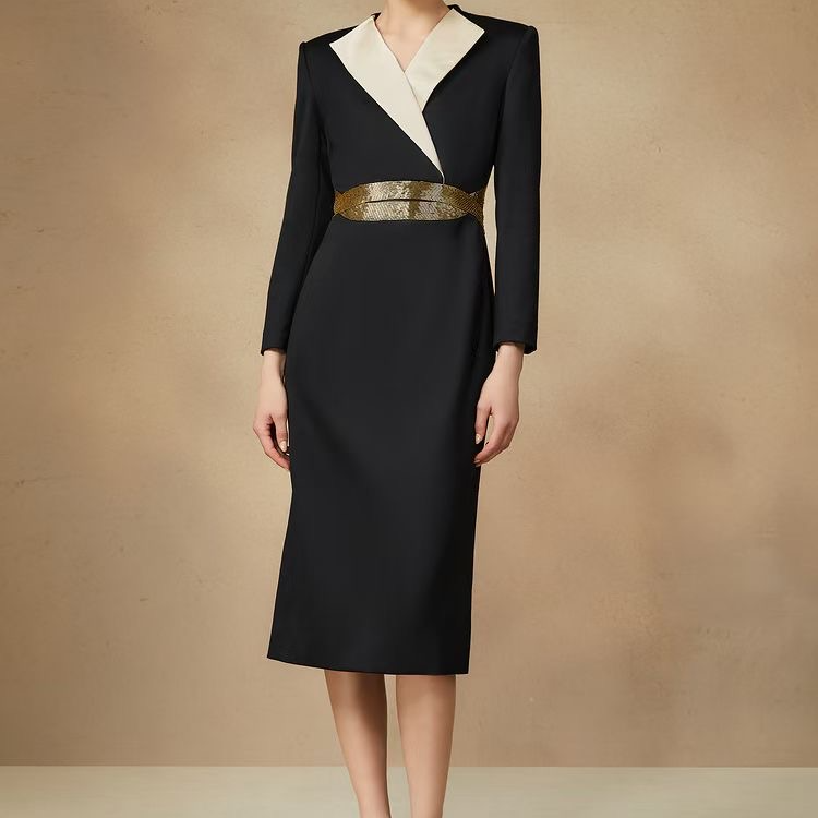 【歌颉】黑色复古气质连衣裙中式修身长款优雅日常Gl535