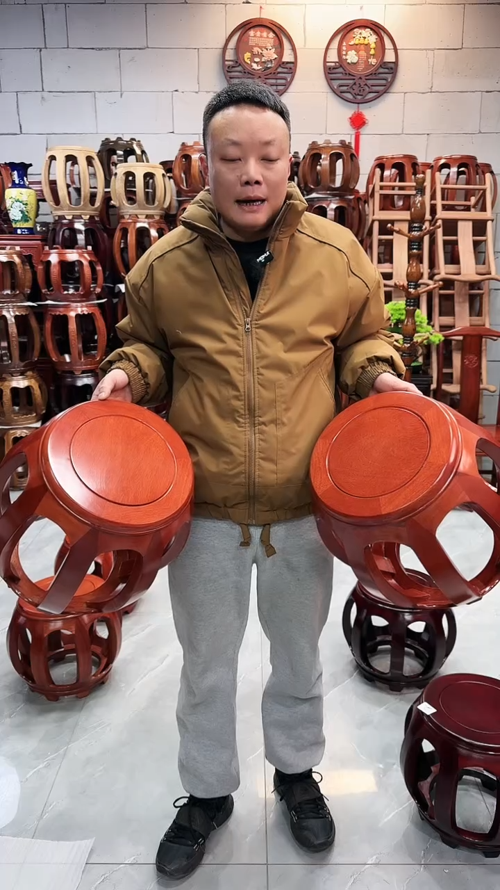 【闪购商品】花梨木类家具西非花梨木花梨色大号鼓凳一对