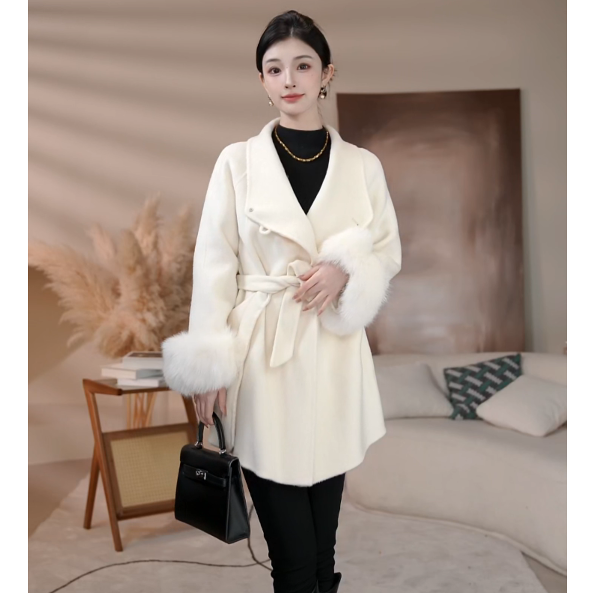 曼贝高定款中长款毛呢大衣时尚设计款绵羊毛外套8484627【珮珮】