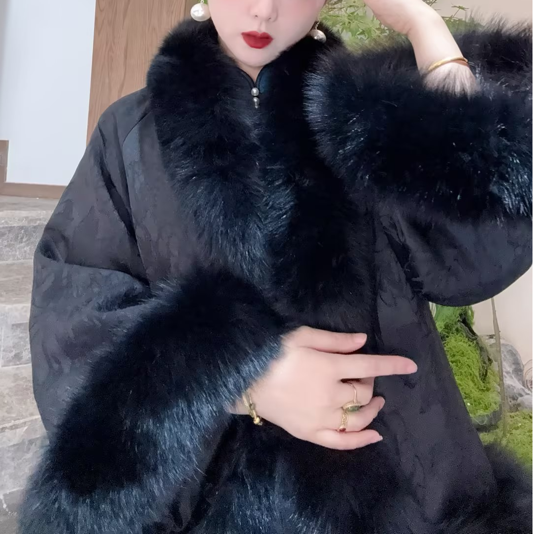 LHMknk1画报夫人原创自制秋冬狐狸贵气中式外套棉服 黑色暗提花