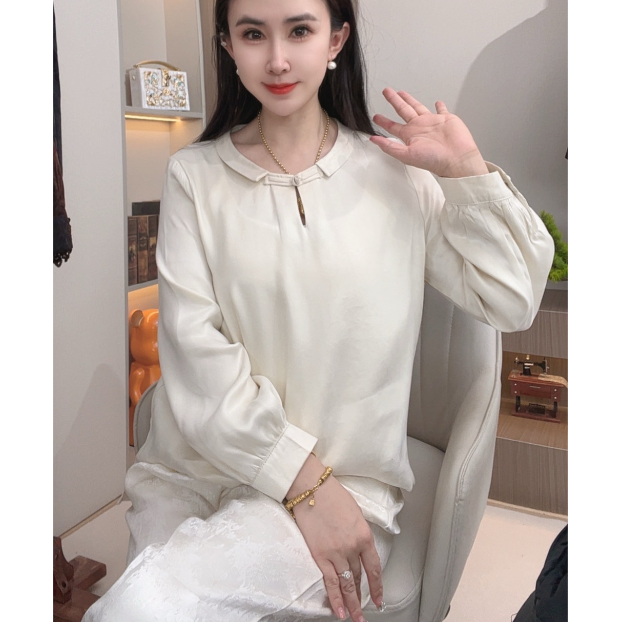 白【紫菱】中式改良挂霜设计师老料砂洗气质百搭小衫 