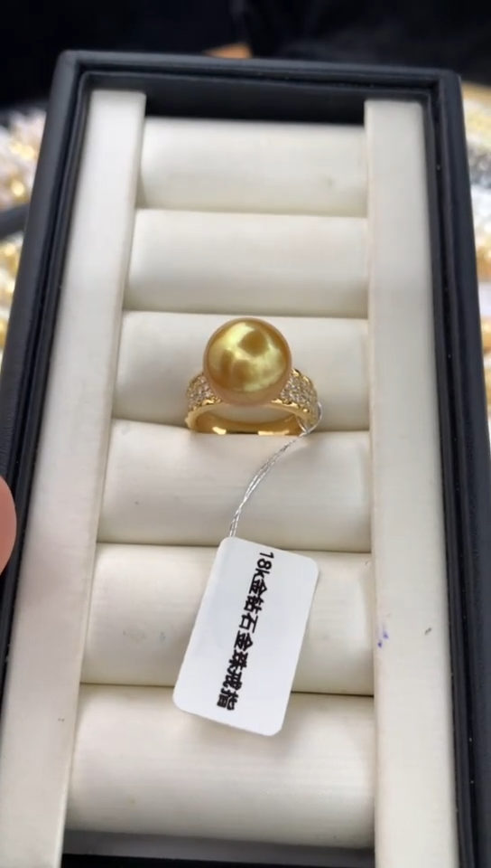 18K金镶嵌戒指/指环定制海水珍珠小***莲12-13mm南洋金珠