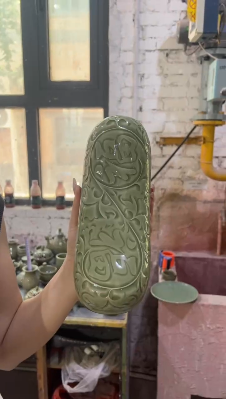 耀州窑青瓷大师手刻福字枕头