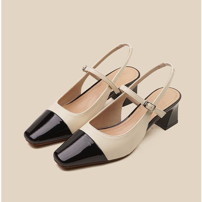 H961-1法式中跟玛丽珍单鞋2025夏季新款后空小香风拼色包头凉鞋女