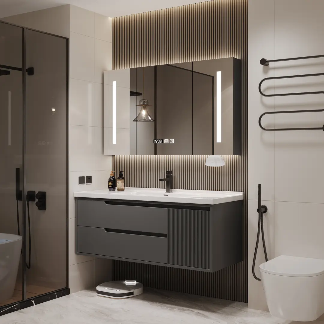 现代简约深灰色智能镜柜浴室柜组合实木烤漆门陶瓷一体盆洗手台
