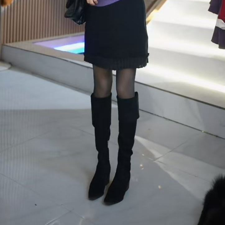 经典时尚百搭长筒方跟低跟磨砂麂皮女士骑士靴W641+10696