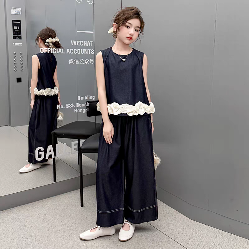 女童夏季套装2025新款儿童洋气时髦薄款无袖夏装中大童长裤两件套
