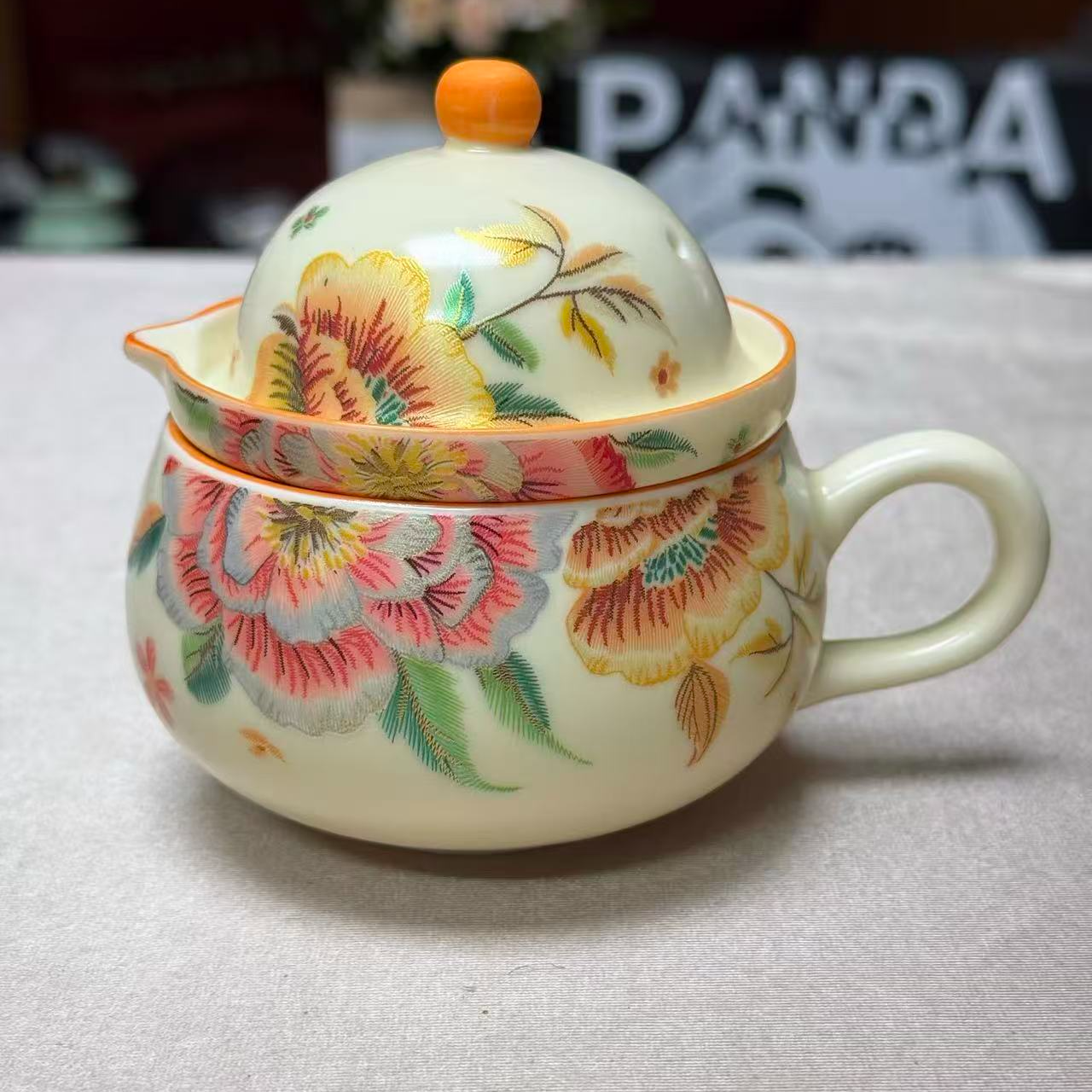 Q1261黄汝窑刺绣牡丹功夫茶具盖碗茶杯泡茶壶茶杯茶具套装礼盒装