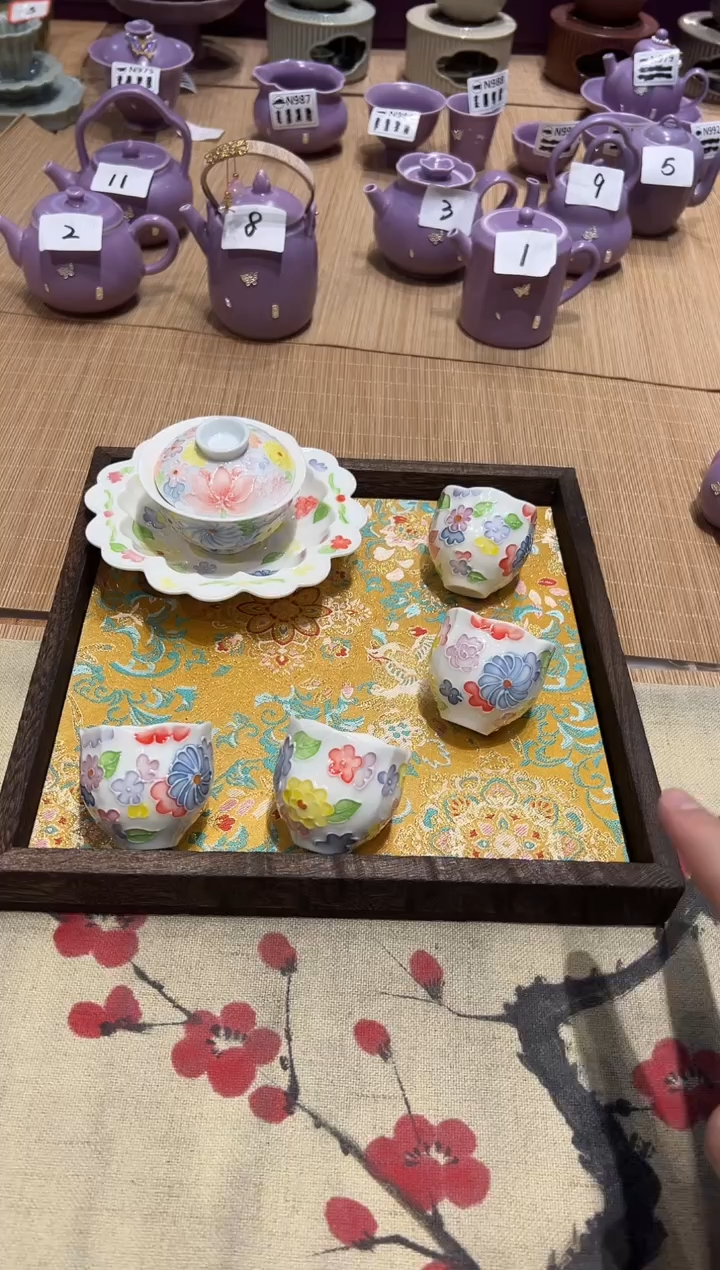 摆件陶手绘正品茶具【带托盘 布垫】