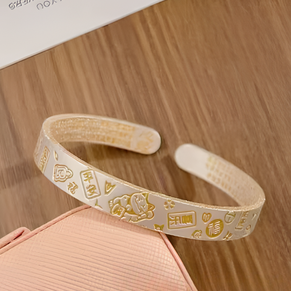 足银手镯 描金招财猫足银999.9实心开口镯吉言心经平安喜乐精美