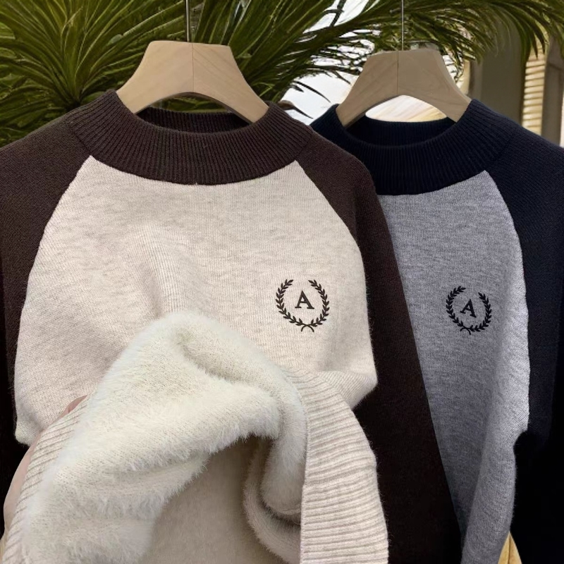 男童冬装一体绒童装毛衣撞色插肩袖中大童休闲加绒加厚儿童打底衫