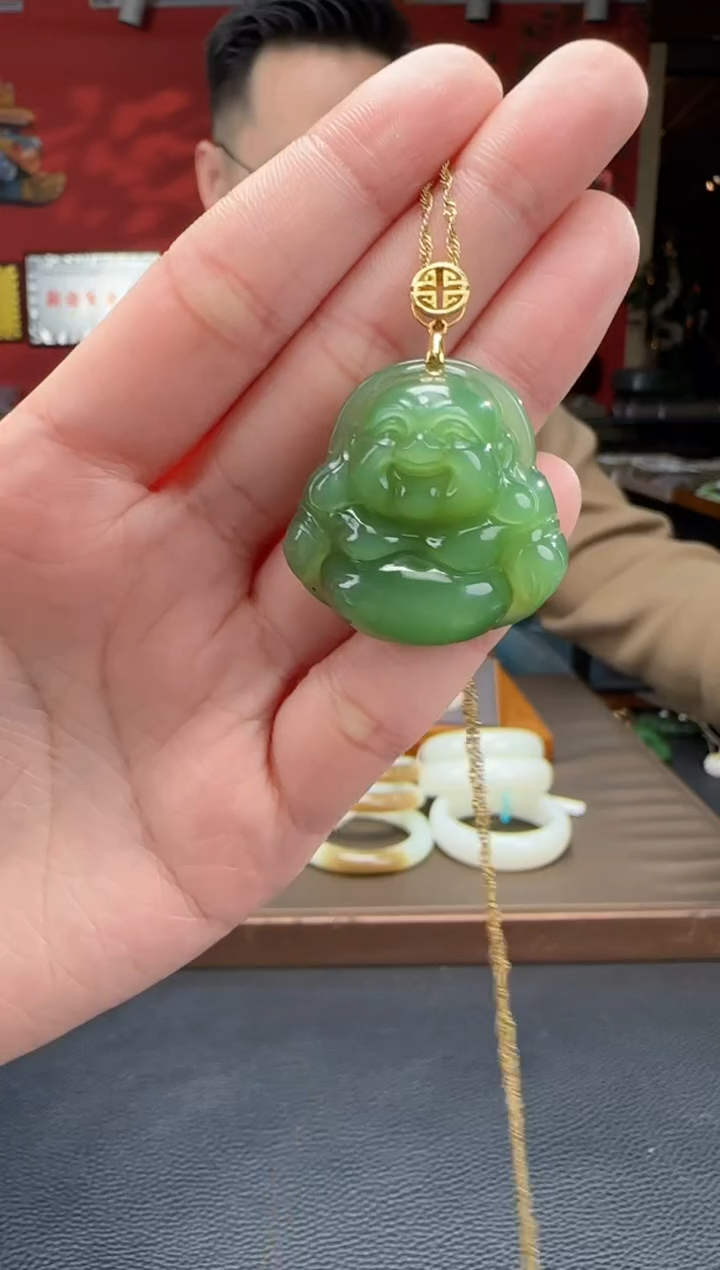 【闪购商品】和田玉颈饰18K金镶嵌碧玉猫佛公