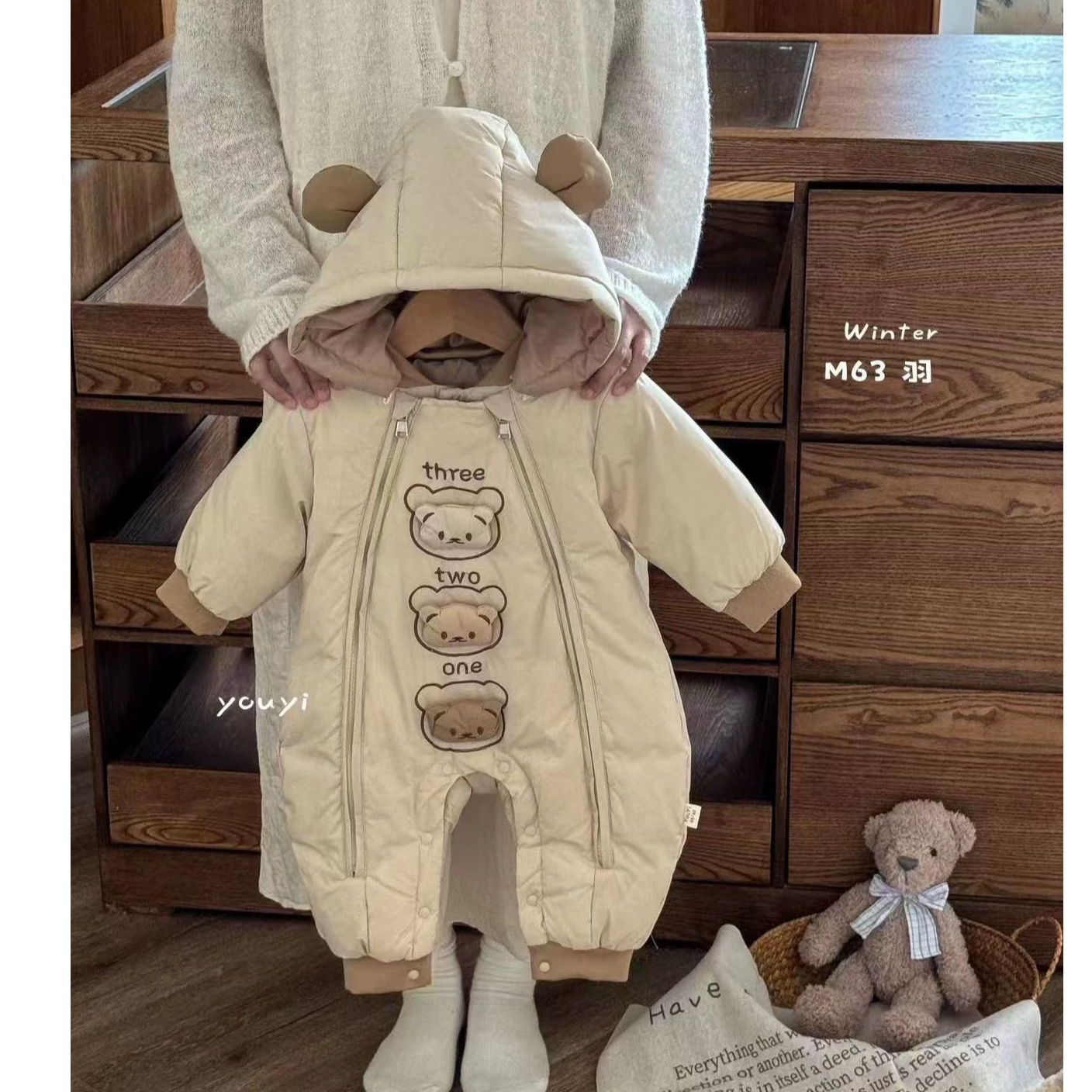 【羽绒服】三个小熊爬服连身衣儿童连帽加厚保暖加绒卡通冬季羽绒服