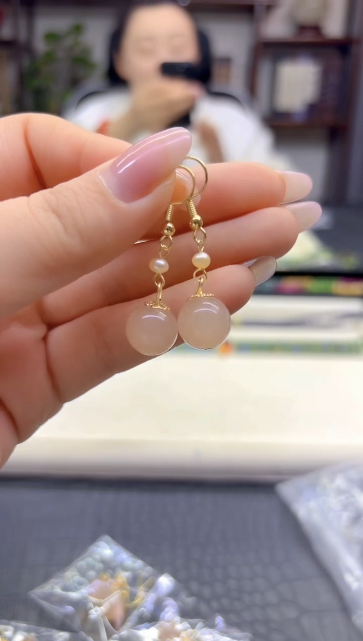 14K金镶嵌和田玉耳饰DIY款E816