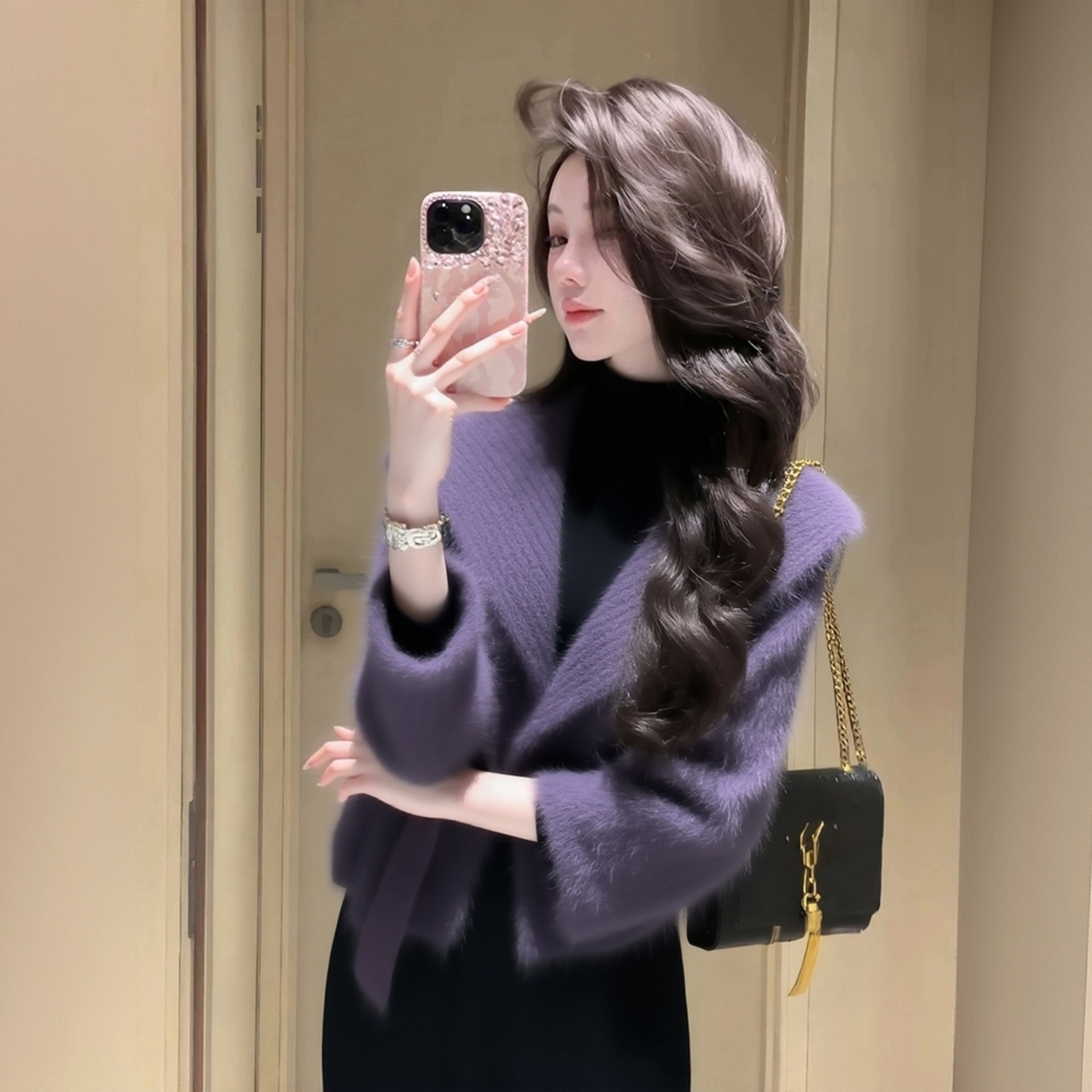 气质紫色翻领毛衣开衫秋冬季时尚慵懒风女装软糯针织衫外套炸街风