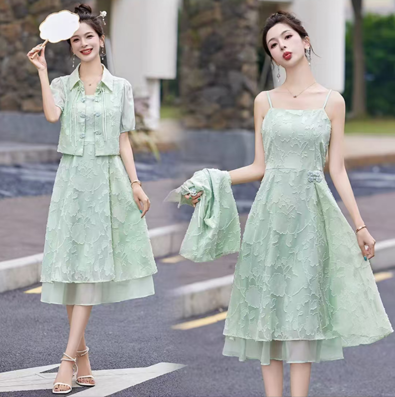 新中式连衣裙套装女夏收腰盘扣短袖提花吊带裙两件套8811【15】