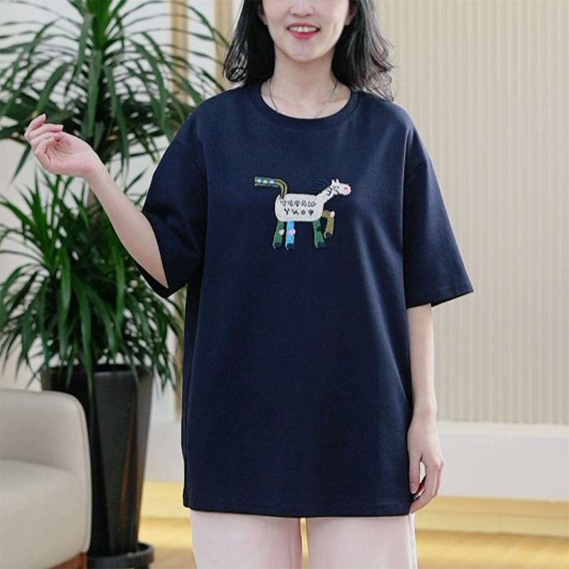 中空拱桥彩绣小马短袖T恤立体灵动宽松大码百搭夏季新款上衣女潮