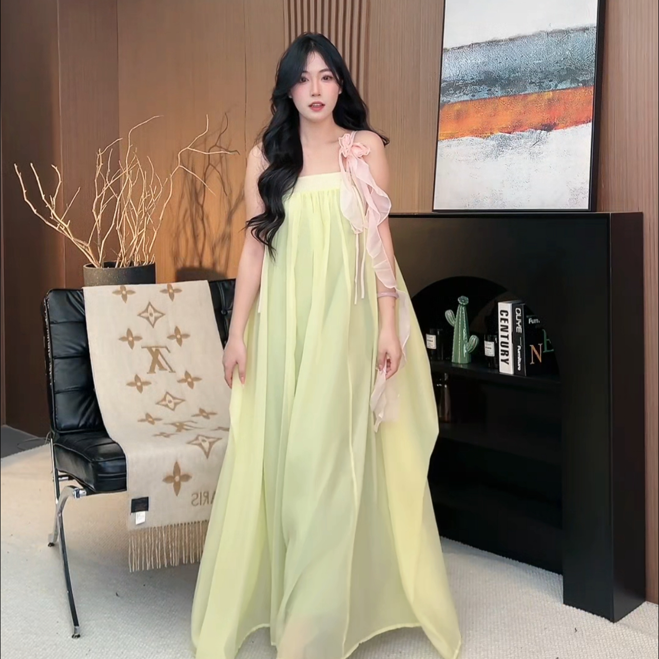 灵动少女感粉绿花朵抹胸长裙超仙氛围感宽松连衣裙夏季辣妹A字裙