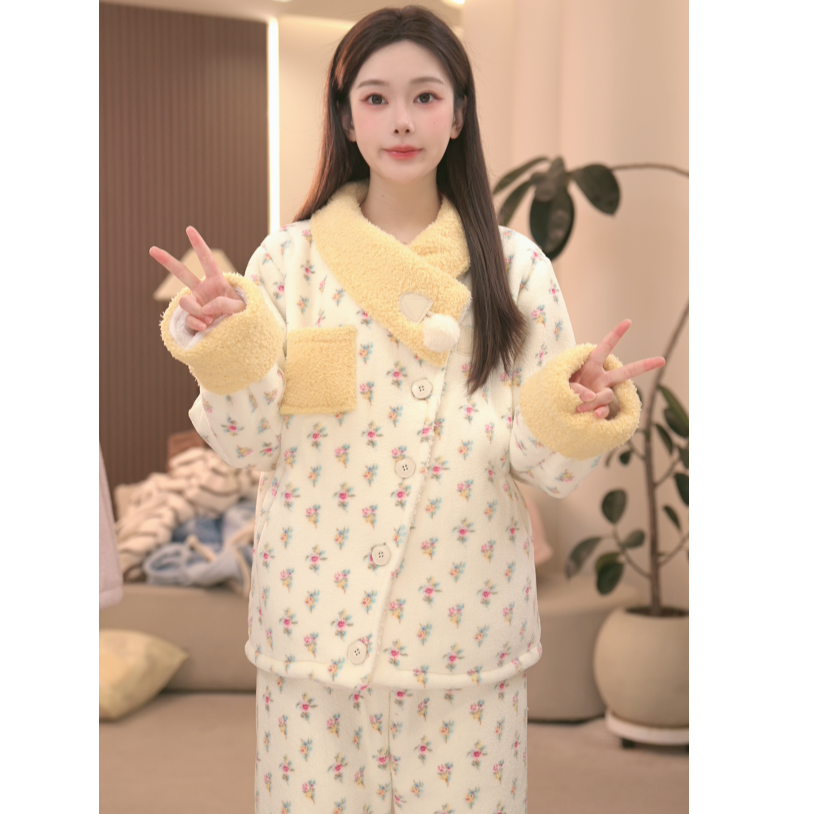 DM【加厚碎花翻领】冬款加绒加厚家居服套装
