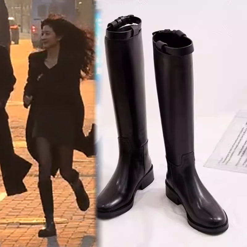 骄阳似我赵今麦聂曦光同款长靴胖mm大筒围真皮长靴白鹿百搭高筒女