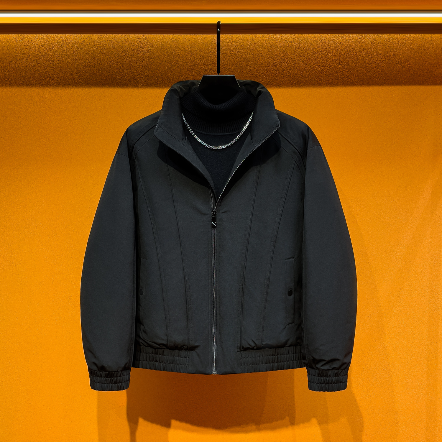 冬季美式90白鸭绒男士立领短款设计感拼接纯色简约羽绒服