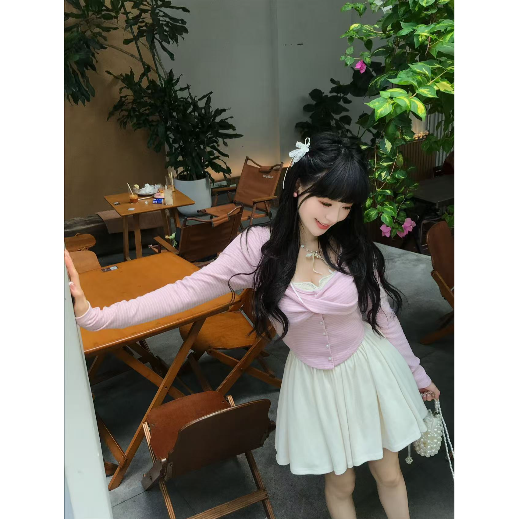 【QIANJIN】‘蜜桃白茶’秋季甜美显瘦收腰针织修身套装连衣裙QL86296