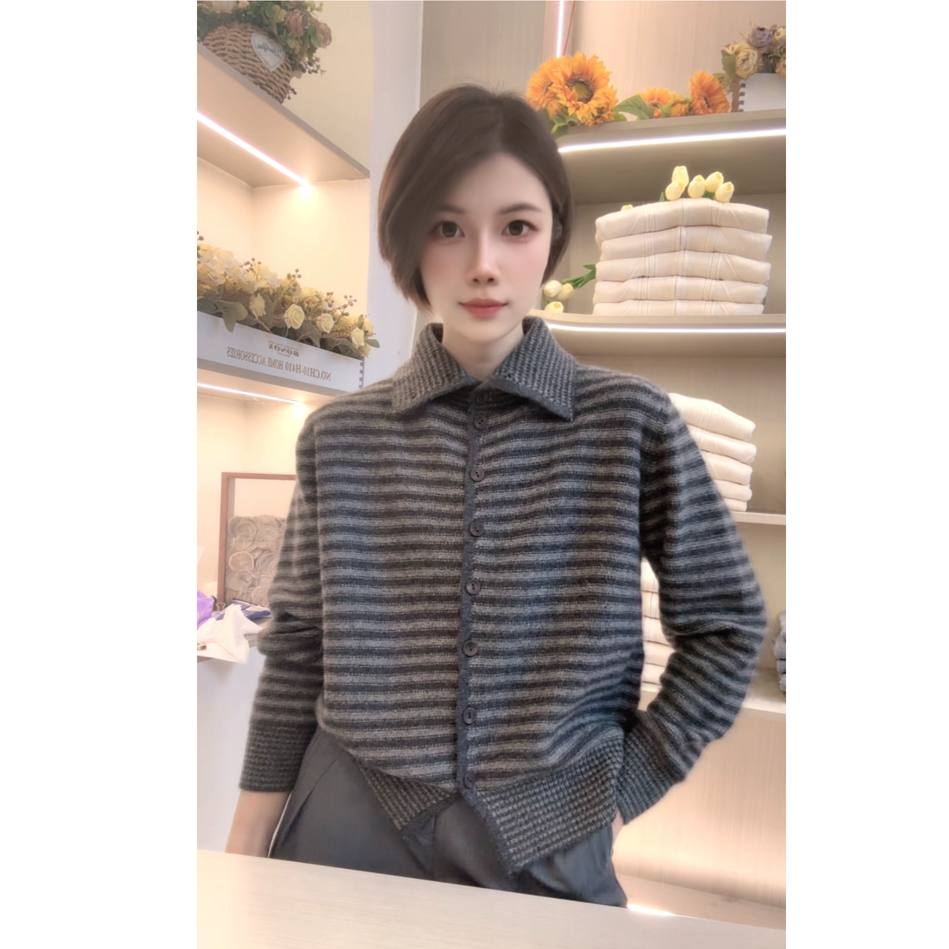 [编码A121]妮妮家条纹扣子翻领宽松百搭长袖针织女厚