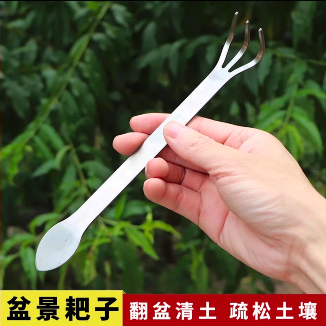 新款加厚不锈钢两用镊子耙子撬土压土盆景制作工具盆栽松土三爪耙