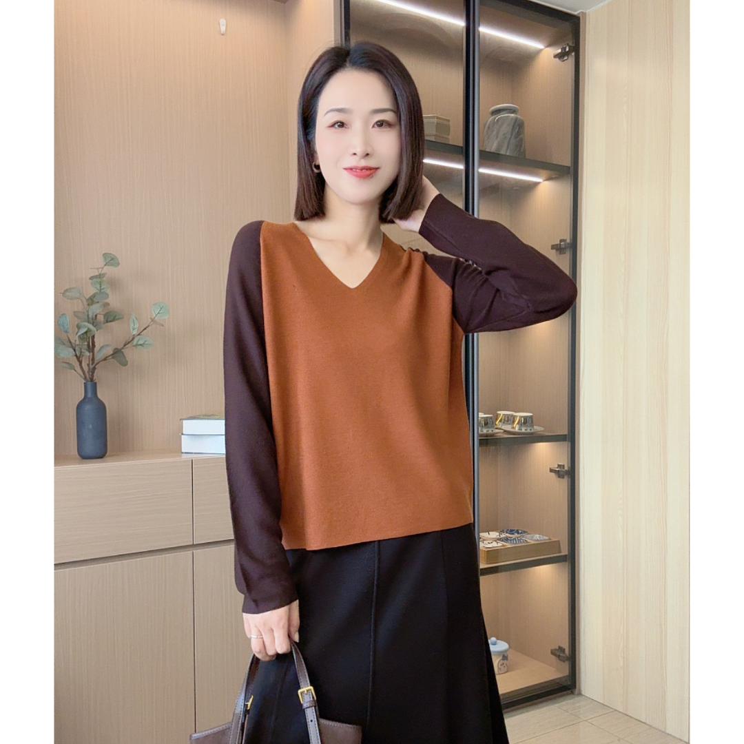 「希辰」时尚个性撞色设计V领毛衣通勤百搭 3246                  
