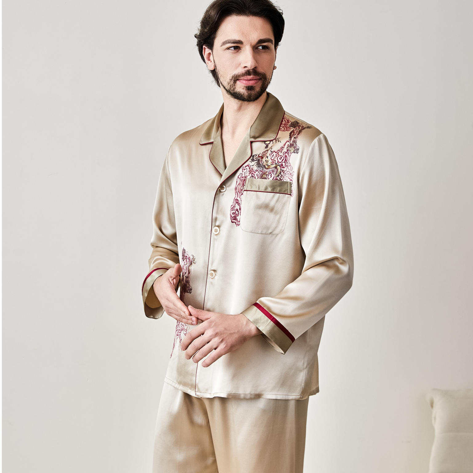 情侣款真丝睡袍套装男女结婚龙凤印花19姆米长款桑蚕丝家居睡衣裤