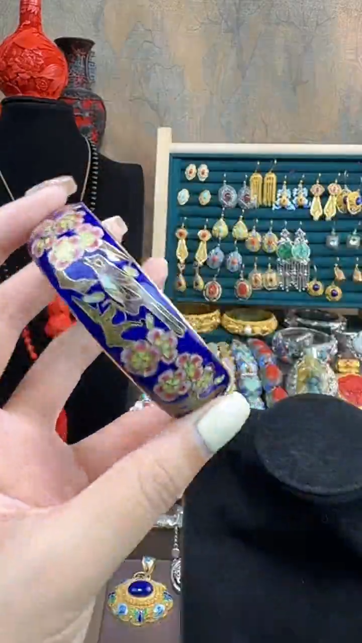 非遗手工景泰蓝开口银蓝镯子宝蓝