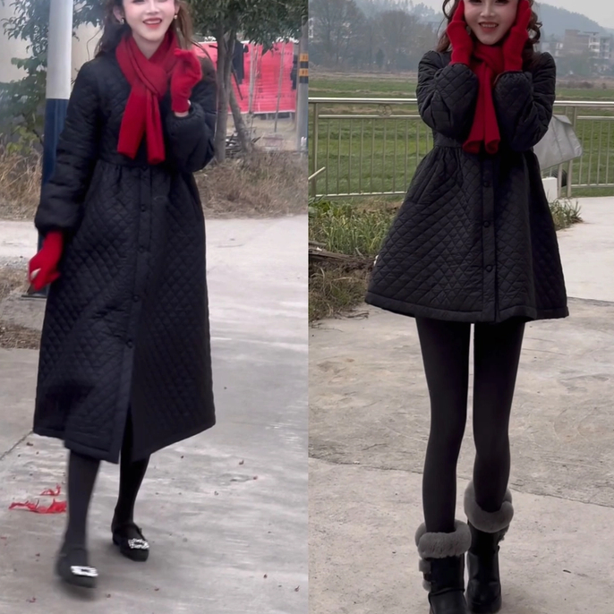 现货  小魔女•韩版绗缝夹棉蓬蓬菱格黑色加厚保暖潮服