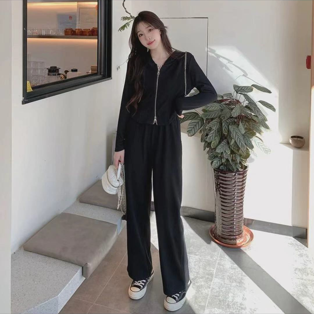 2025春季新款大码套装连帽开衫休闲运动洋气减龄阔腿裤两件套女