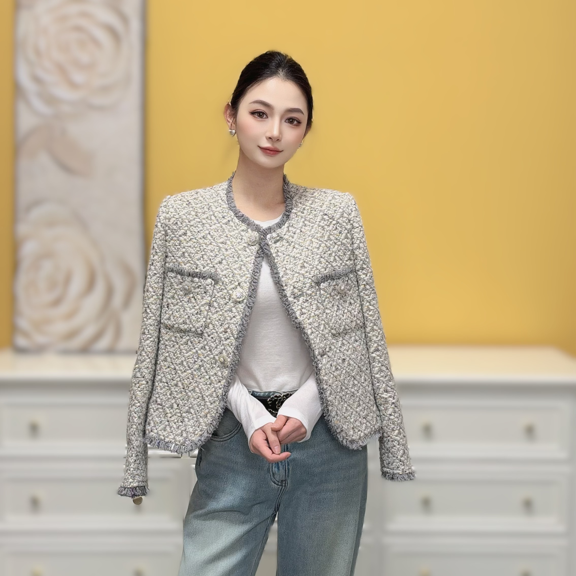 剀剀莉（巴洛克）秋冬新款灰色法式手工花边粗花呢短外套（0-20度穿）