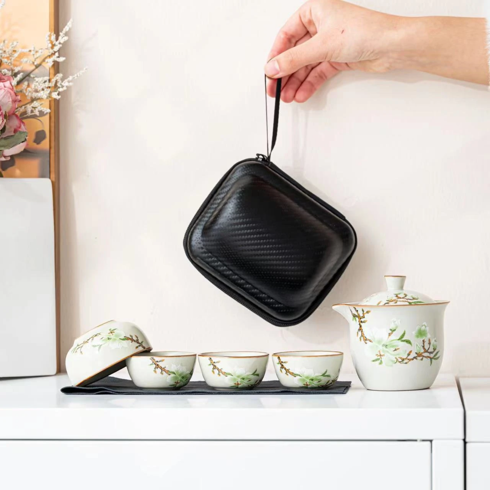 【沉鱼】玉兰花汝窑开片套装一壶四杯户外便携式旅行茶具-B01116