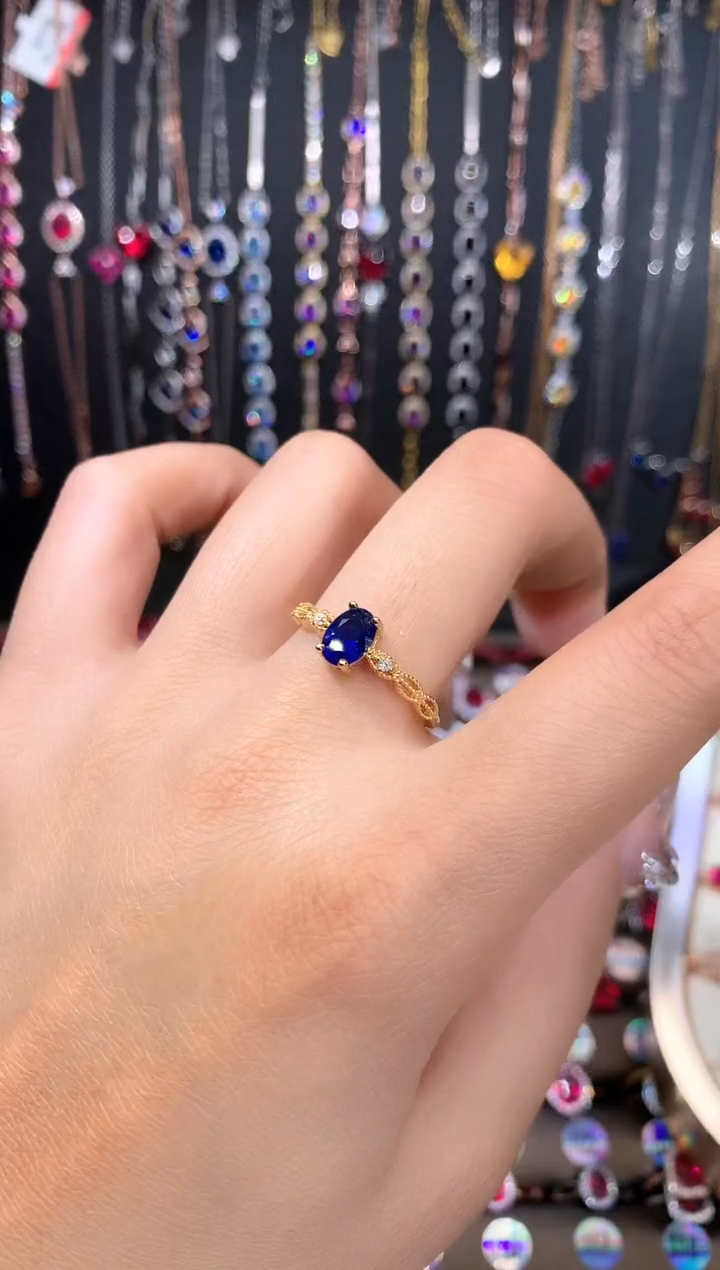 蓝宝石戒指银S925镶嵌金色