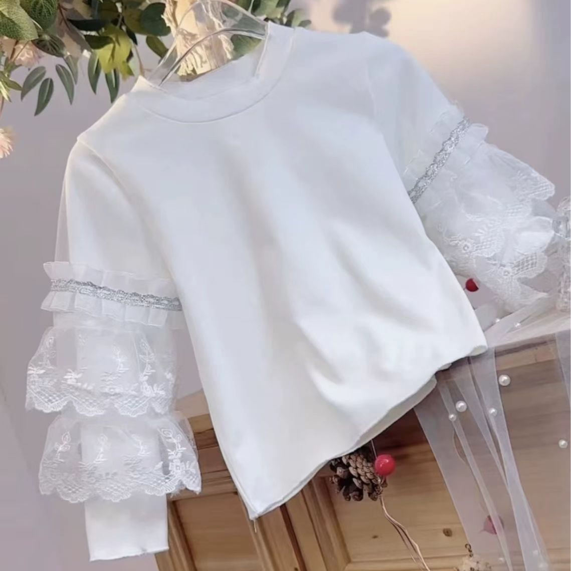绣花韩版上衣刺绣白色休闲风拼接衬衫打底衫打底蕾丝常规