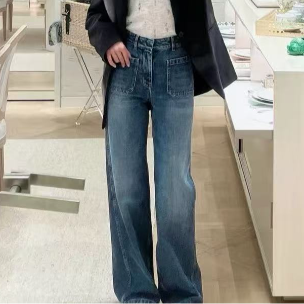 秋冬新款植绒前双兜直筒牛仔裤女百搭