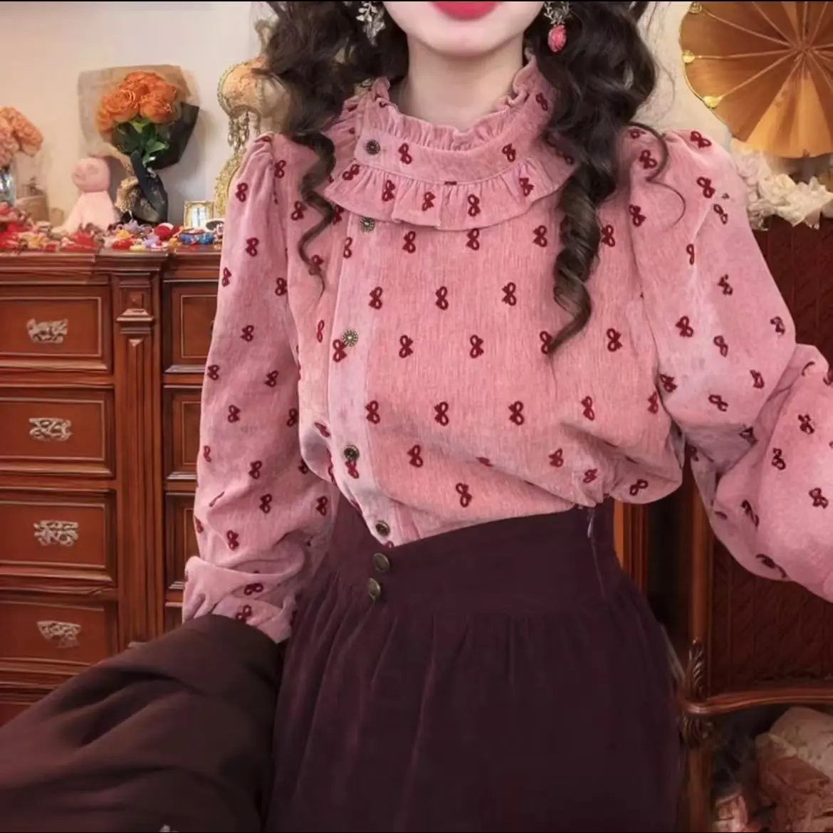 港风复古别致斜襟温柔蝴蝶结衬衫女秋冬加厚衬衣通勤百搭上衣