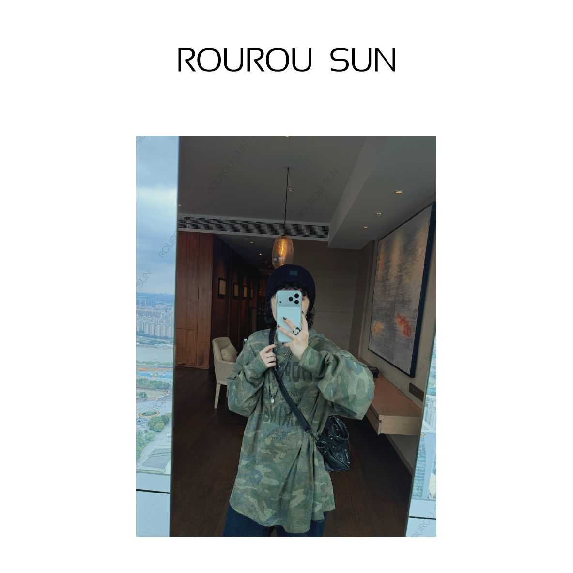 29501冬款女装美式复古做旧迷彩字母印花宽松圆领长袖T恤