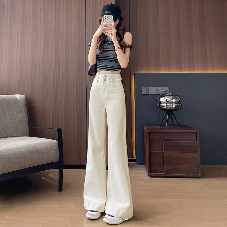 女装米白色软牛仔加绒大喇叭裤，贼显高显瘦显腿长，百搭