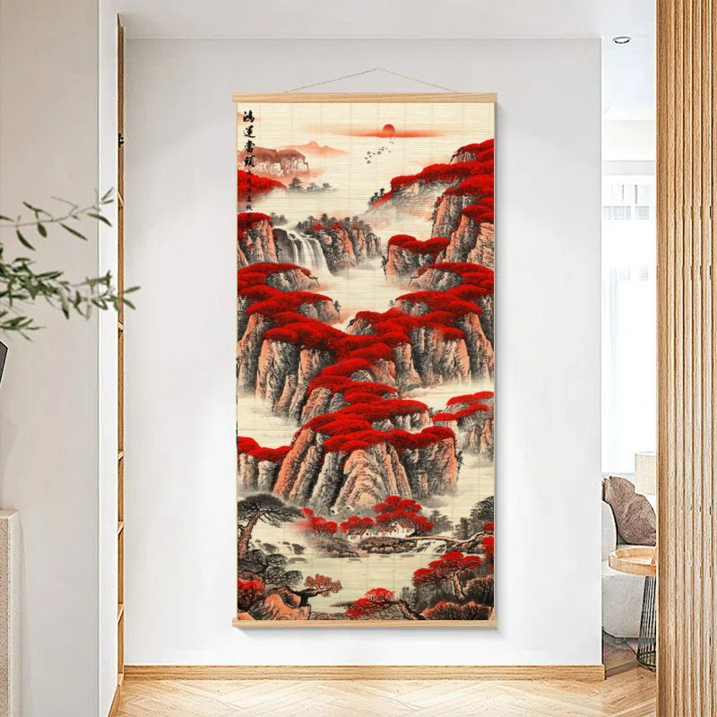 鸿运当头中式手工竹编挂画装饰画书房茶室客厅玄关古风禅意竹帘画