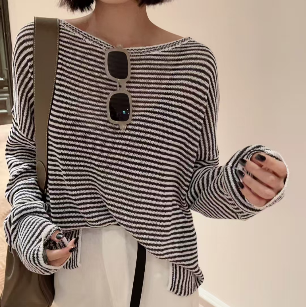 和纸纱黑白条纹圆领长袖T恤女上衣