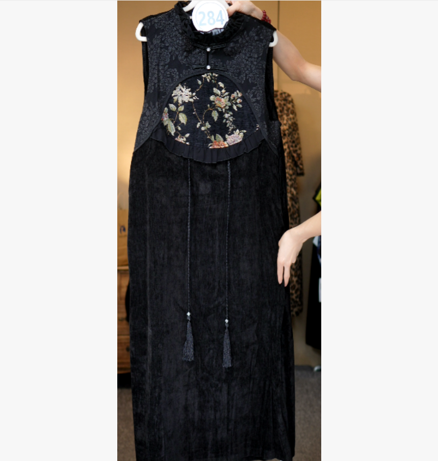 249-新中式圆形花卉盘扣无袖马甲裙