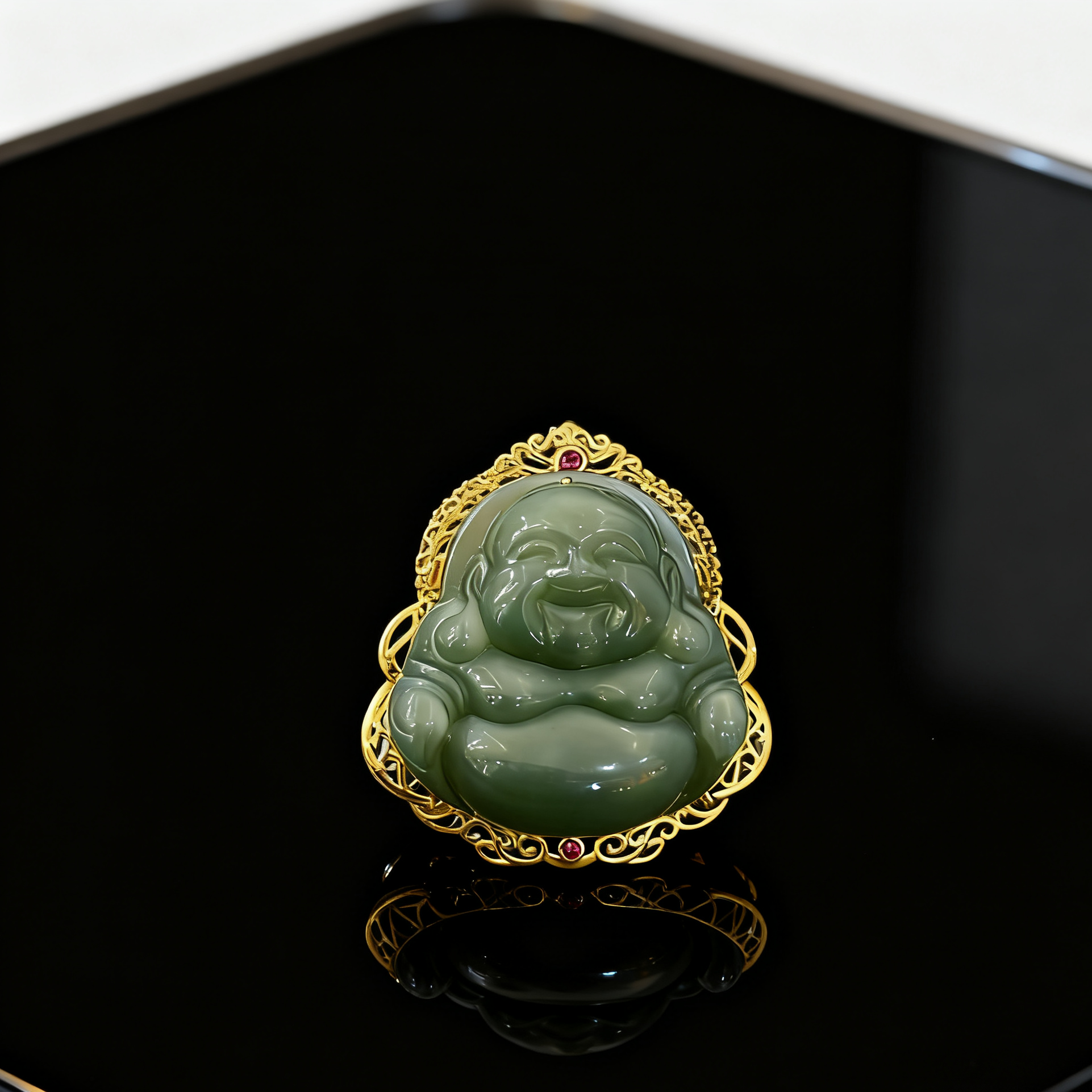 【灵华高端珠宝】和田玉18K粉青冰猫眼佛公吊坠多样性发一Y16935